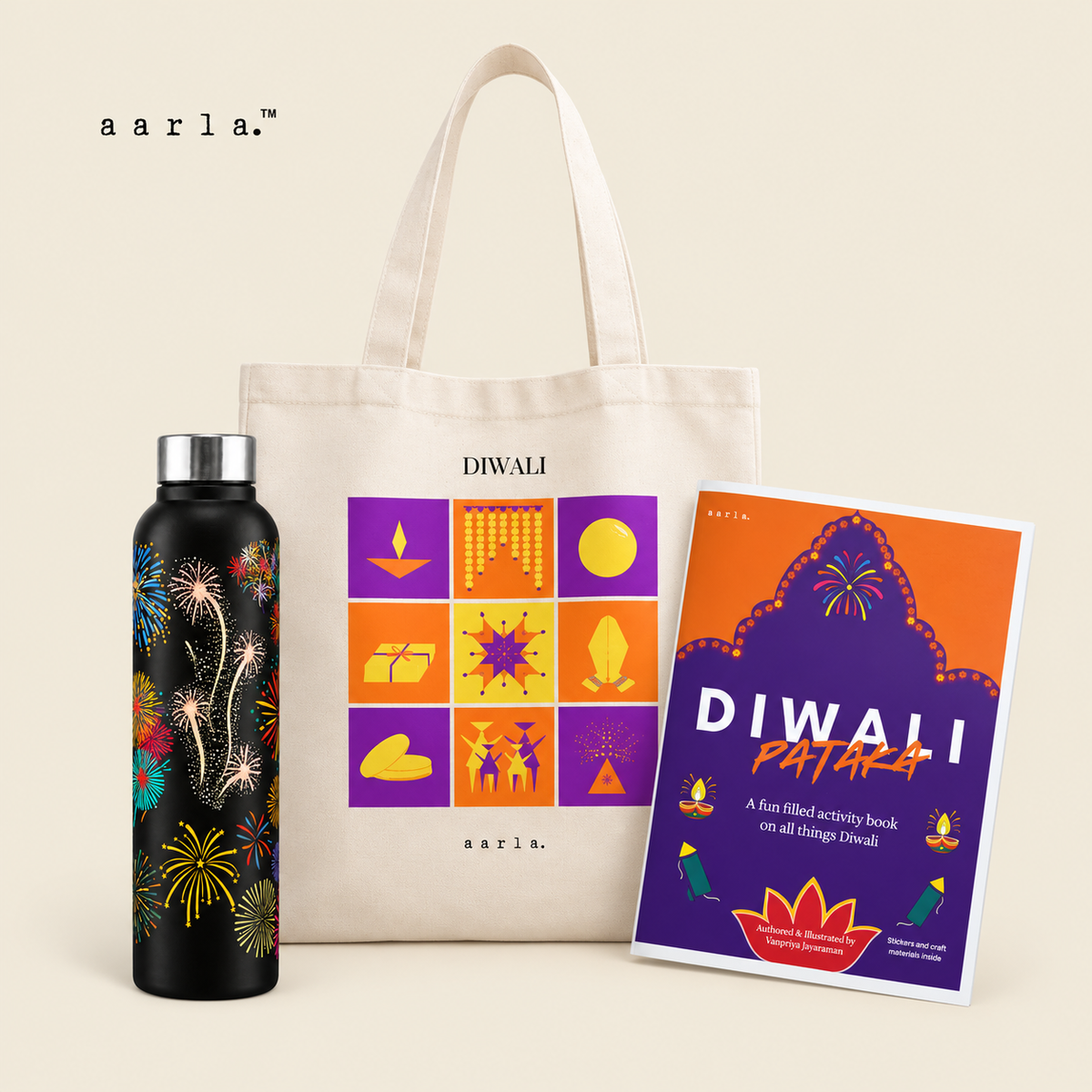 Diwali Play Diwali gift hamper: 1 Diwali stainless steel water bottle — 900 ml; 1 Diwali Pataka activity book — A4; 1 Diwali canvas tote bag