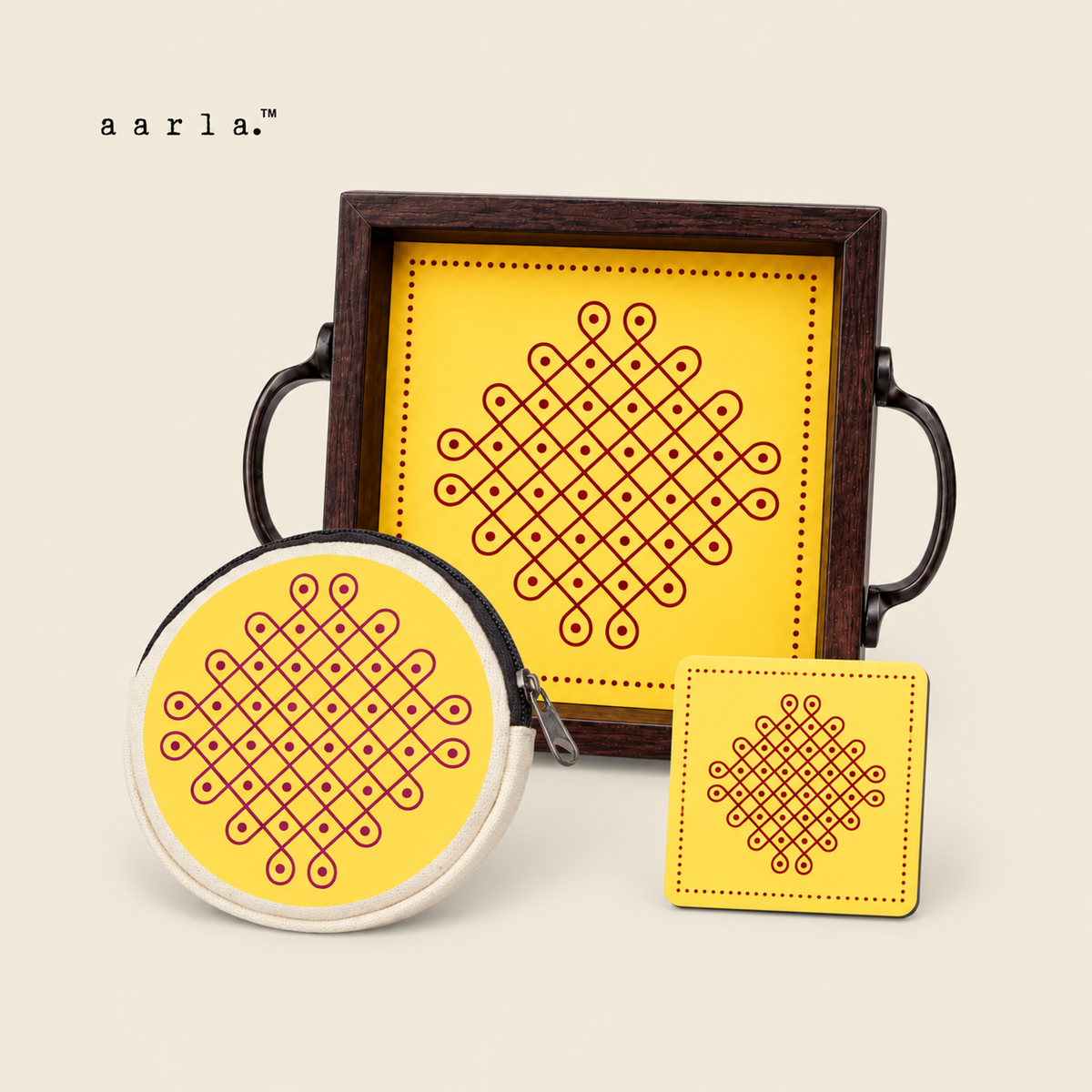 Festive Home Diwali gift hamper: 1 Small Yellow Kolam tray — 6 × 6 inches; 1 Yellow Kolam coin purse — approximately 5 inches; 1 Yellow Kolam fridge magnet — 2.5 × 2.5 inches
