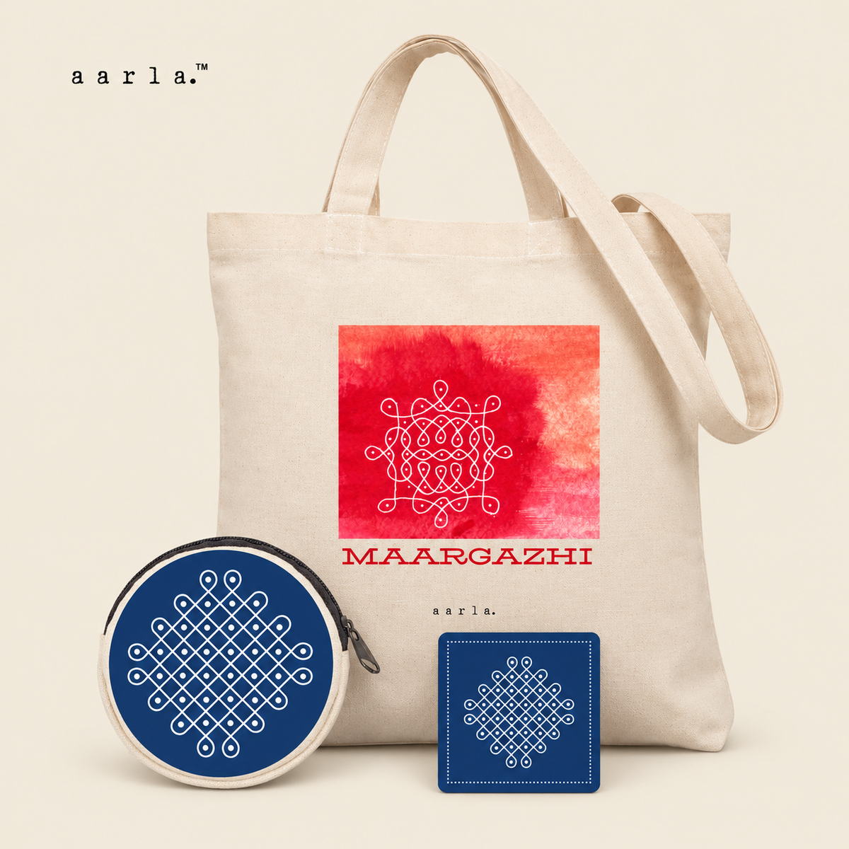 Kolam Everyday Diwali gift hamper: 1 Maargazhi Signature Kolam tote; 1 Blue Kolam coin purse — approximately 5 inches; 1 Blue Kolam fridge magnet — 2.5 × 2.5 inches