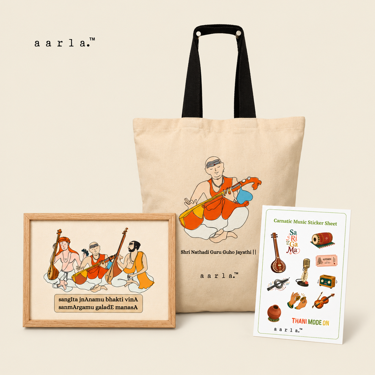 Music Corner Diwali gift hamper: 1 Carnatic Trinity framed art on canvas — 6 × 8 inches; 1 Dikshitar canvas tote; 1 Carnatic Music sticker sheet — 4 × 6 inches